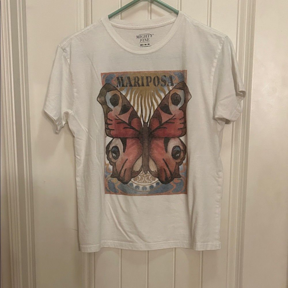 Mighty Fine White Tee with Red Butterfly Design